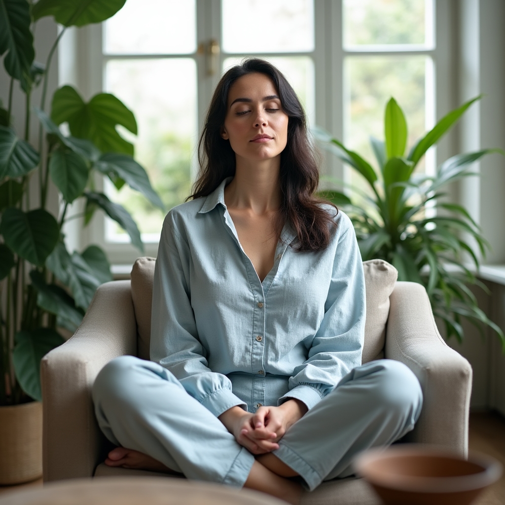 Femeie practicând mindfulness într-un spațiu calm, luminos, cu plante verzi în fundal