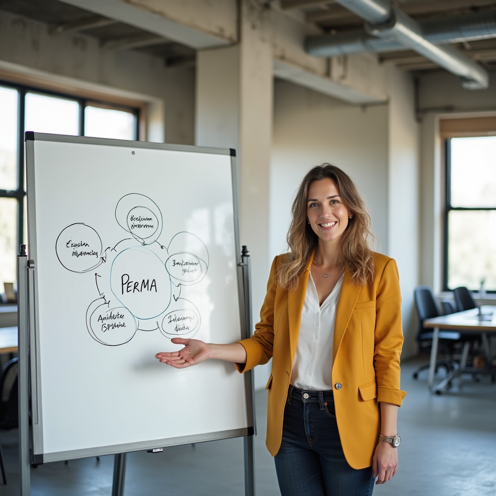 Diagrama vizuală a unui cadru de psihologie pozitivă pe un whiteboard modern