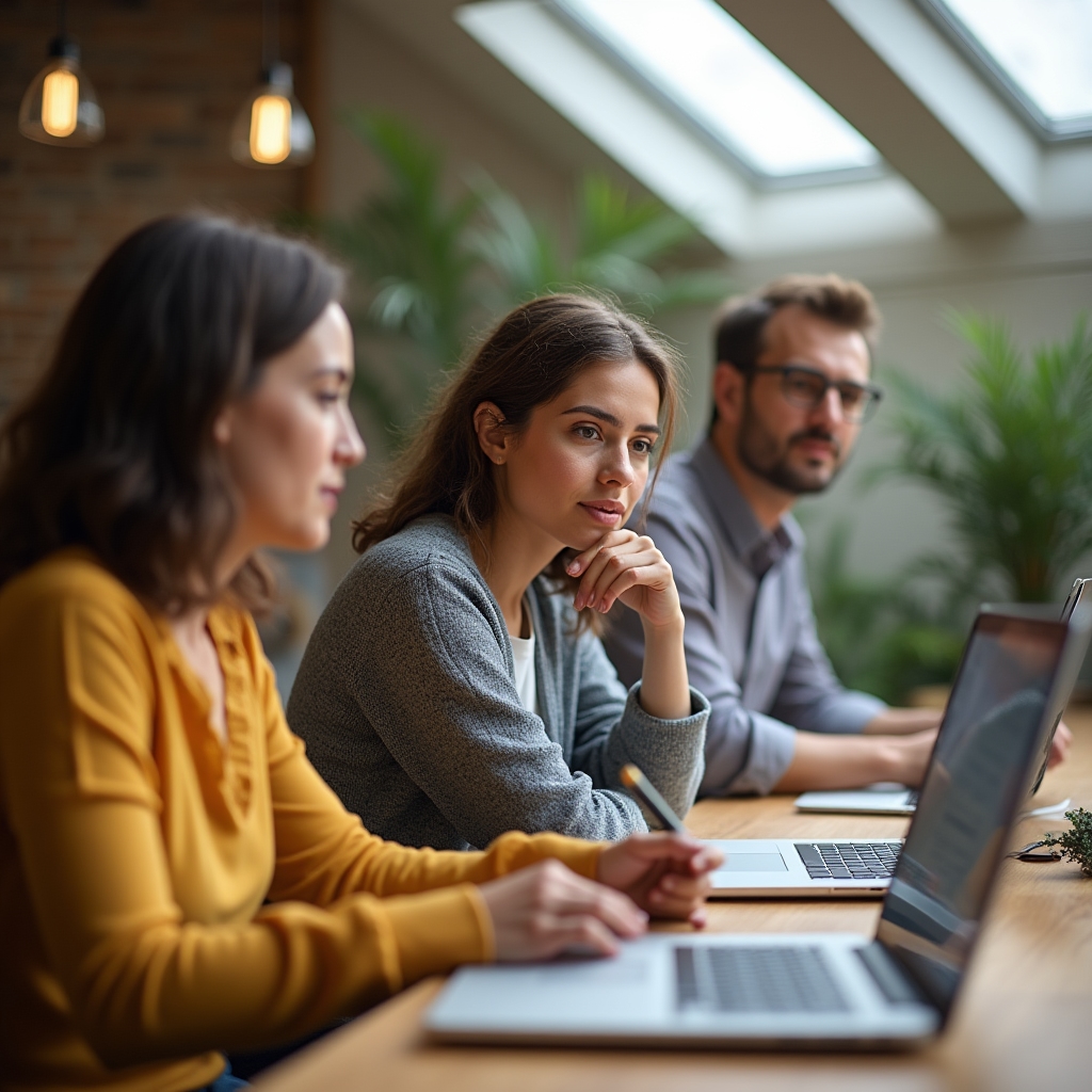 Sesiune de webinar online cu participanți atenți în fața ecranelor